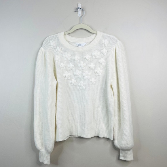 Market & Spruce Sweaters - Market & Spruce Cottage Embroidered Sweater Medium Floral Bishop Sleeve Neutral